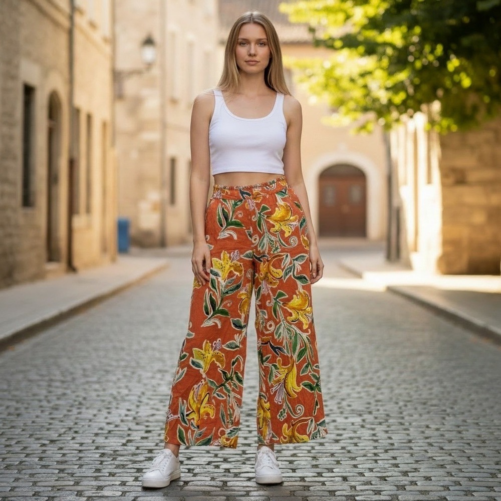Rachel Roy Wide Leg Pants S Orange Floral Linen Blend Tropical Coastal